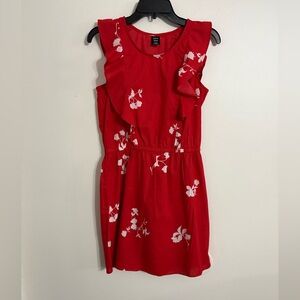 Red and white Floral Sleeveless Dress Ruffle top bodice Size Medium